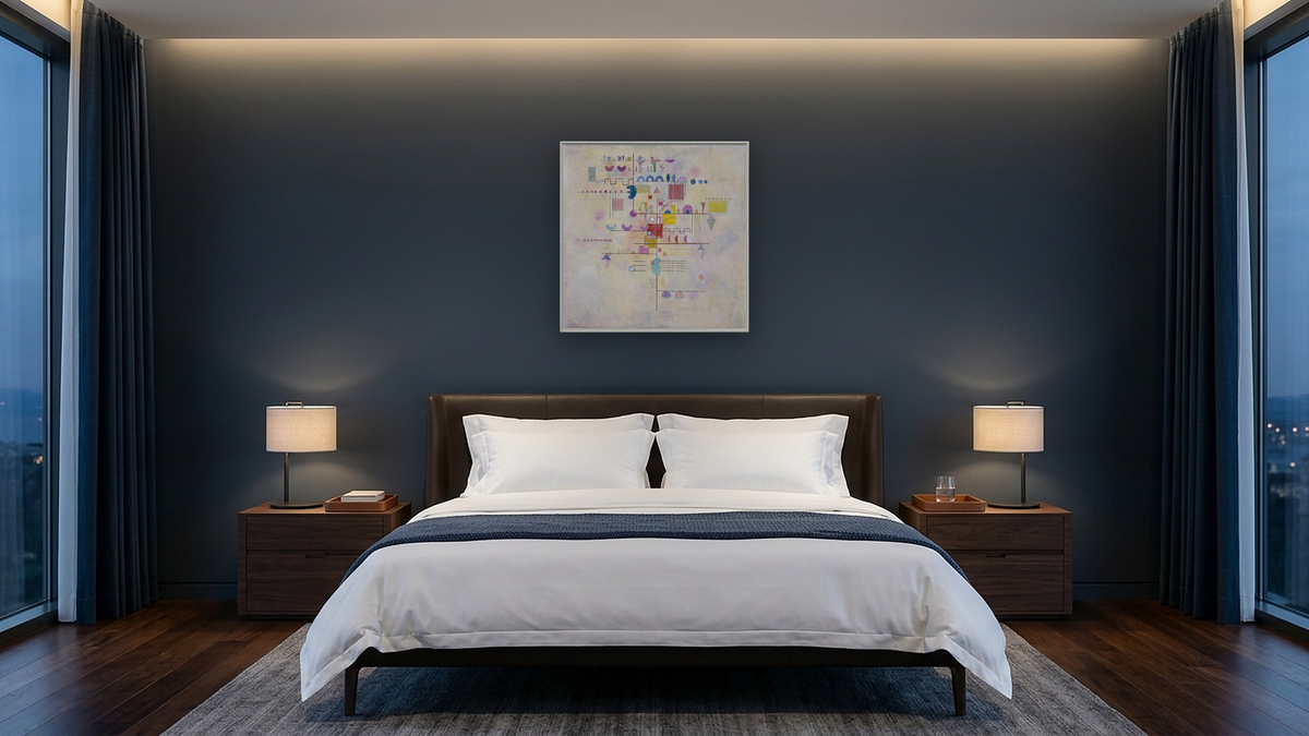 Graceful Ascent, shown at 32 × 32 in (81.3 × 81.3 cm) on canvas in Ramino Opaque White, hotel guest room