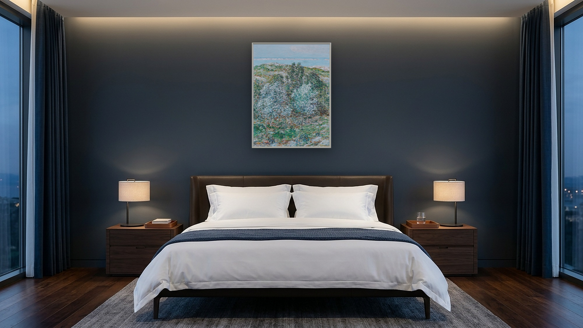 Springtime Vision by Childe Hassam, shown at 30 × 40 in (76.2 × 101.6 cm) on canvas in Ramino Opaque White, hotel guest room