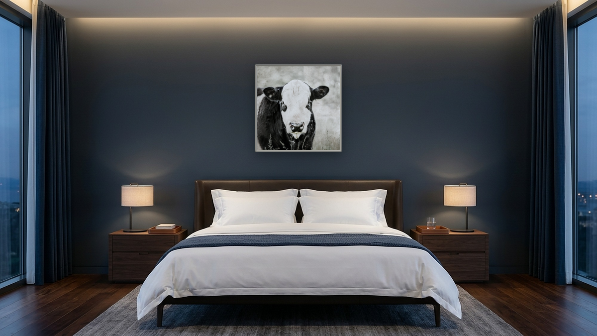 Dudeface by Brandon Luther, shown at 32 × 32 in (81.3 × 81.3 cm) on canvas in Ramino Opaque White, hotel guest room