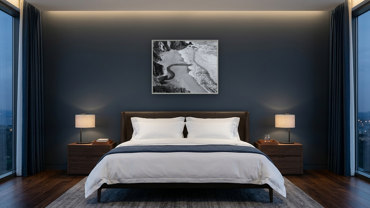 Bix Creek by Gordon Osmundson, shown at 32 × 40 in (81.3 × 101.6 cm) on canvas in Ramino Opaque White, hotel guest room