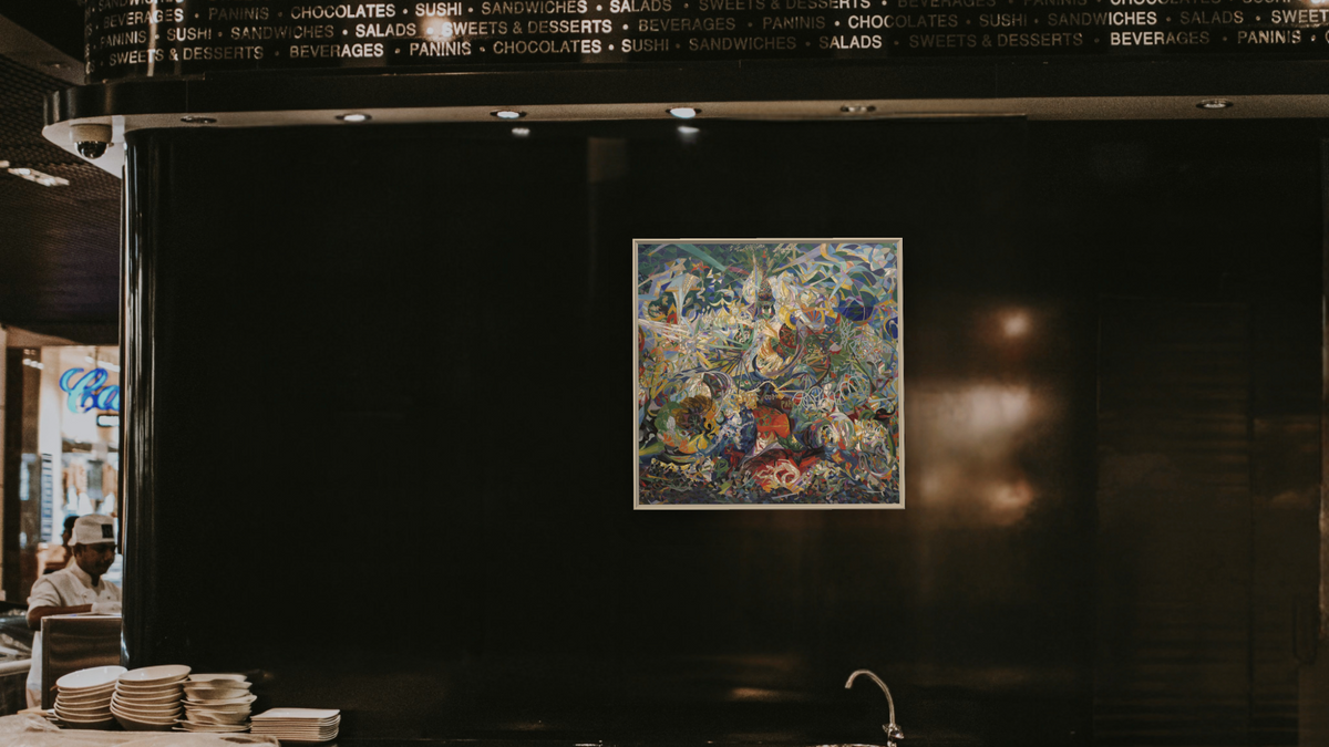 Battle of Lights, Coney Island, Mardi Gras by Joseph Stella, shown at 32 × 32 in (81.3 × 81.3 cm) on canvas in Ramino Opaque White, restaurant