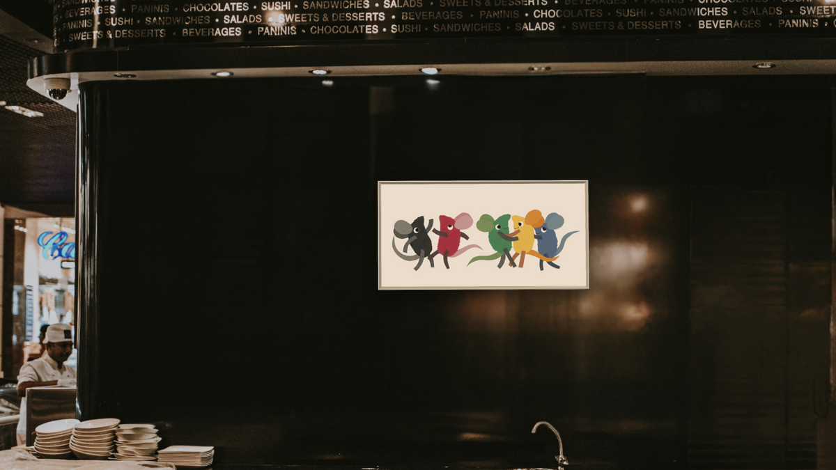 Colors, Numbers, Letters II by Leo Lionni, shown at 20 × 40 in (50.8 × 101.6 cm) on canvas in Ramino Opaque White, restaurant