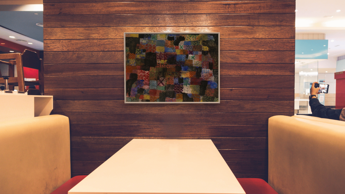 Deep Pathos by Paul Klee, shown at 30 × 40 in (76.2 × 101.6 cm) on canvas in Ramino Opaque White, restaurant
