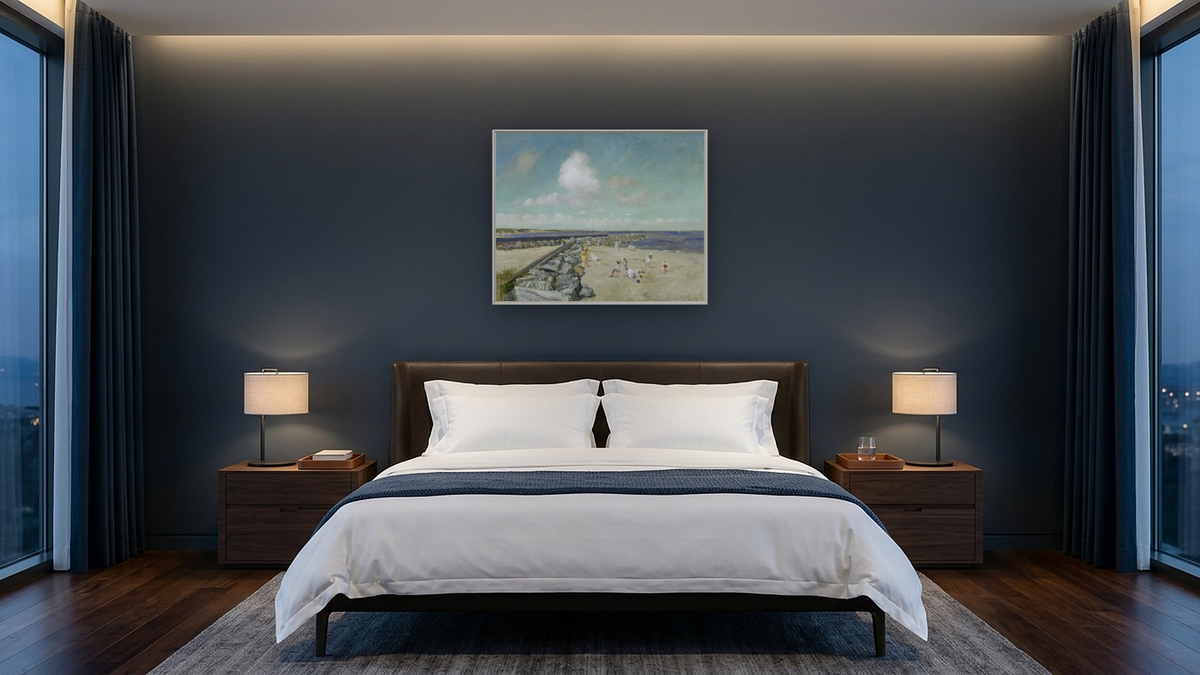 Morning at Breakwater, Shinnecock by William Merritt Chase, shown at 32 × 40 in (81.3 × 101.6 cm) on canvas in Ramino Opaque White, hotel guest room