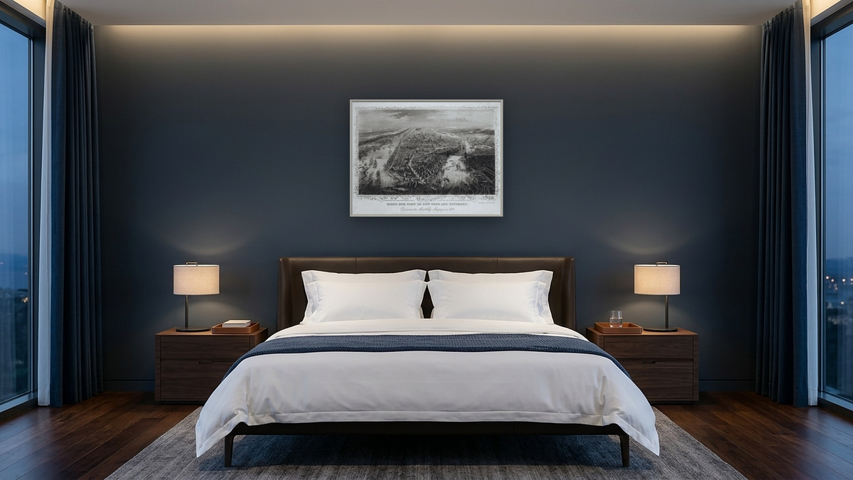Birds eye view of New York and environs, shown at 30 × 40 in (76.2 × 101.6 cm) on canvas in Ramino Opaque White, hotel guest room