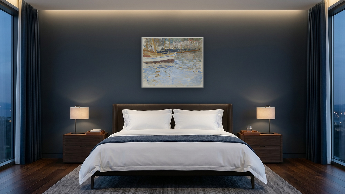 The Port of Nice by Berthe Morisot, shown at 32 × 40 in (81.3 × 101.6 cm) on canvas in Ramino Opaque White, hotel guest room