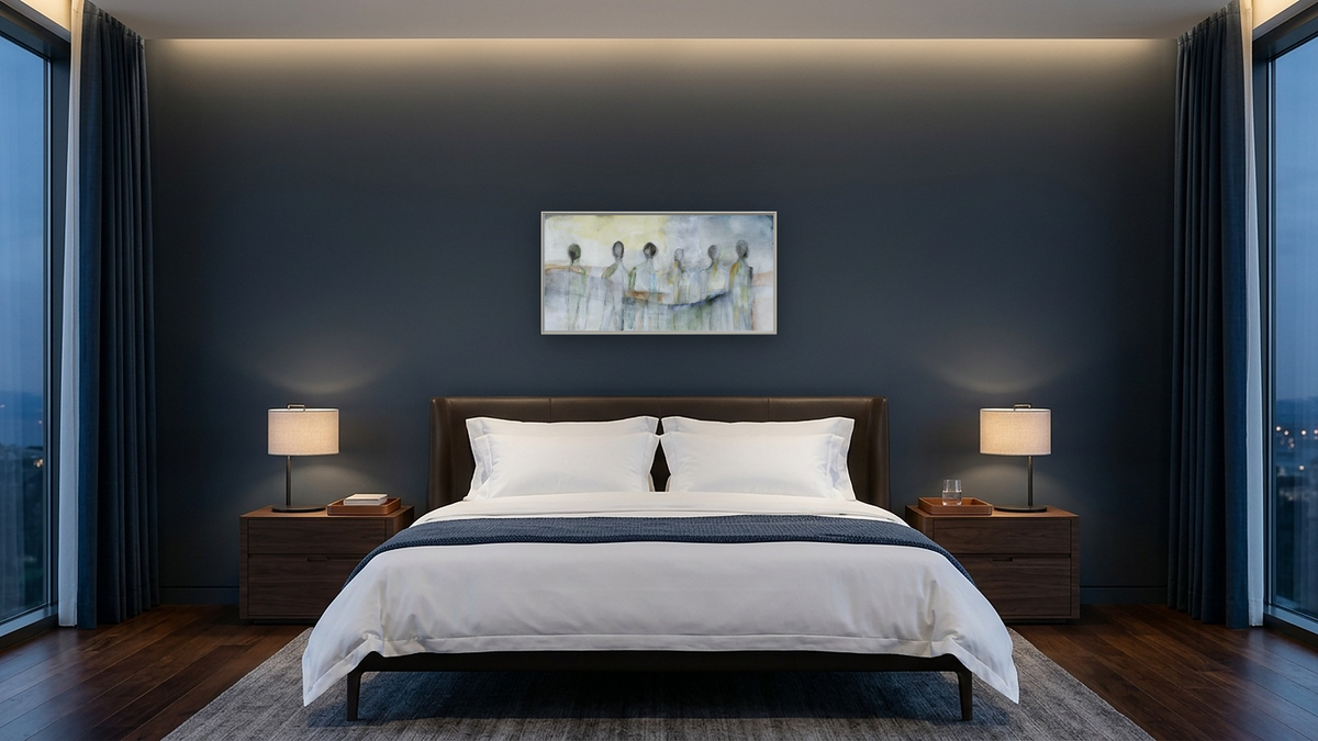 Family by Michelle Oppenheimer, shown at 20 × 40 in (50.8 × 101.6 cm) on canvas in Ramino Opaque White, hotel guest room