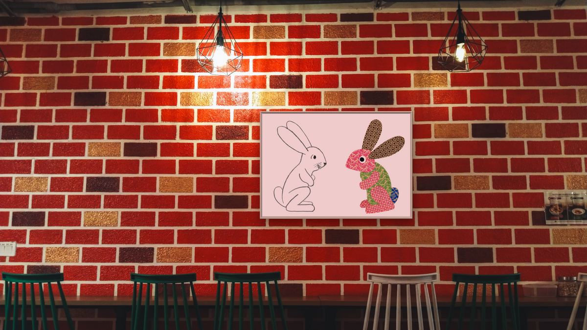 Let's Make Rabbits by Leo Lionni, shown at 28 × 42 in (71.1 × 106.7 cm) on canvas in Ramino Opaque White, restaurant
