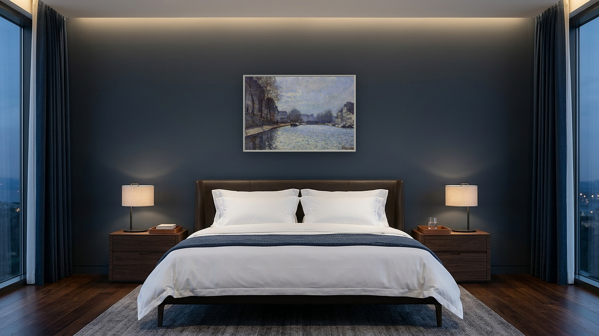 View of the Canal Saint-Martin, Paris by Alfred Sisley, shown at 28 × 42 in (71.1 × 106.7 cm) on canvas in Ramino Opaque White, hotel guest room