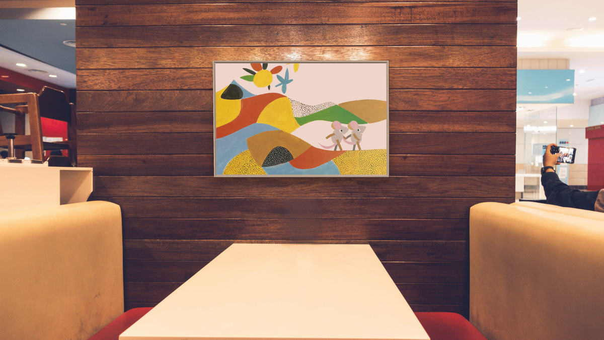 Matthew's Dream VII by Leo Lionni, shown at 28 × 42 in (71.1 × 106.7 cm) on canvas in Ramino Opaque White, restaurant