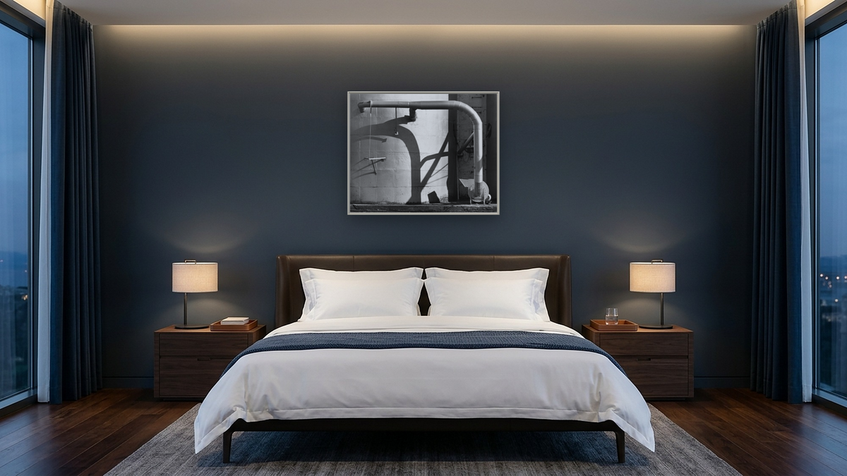 Arbuckle Warehouse #10 by Gordon Osmundson, shown at 32 × 40 in (81.3 × 101.6 cm) on canvas in Ramino Opaque White, hotel guest room