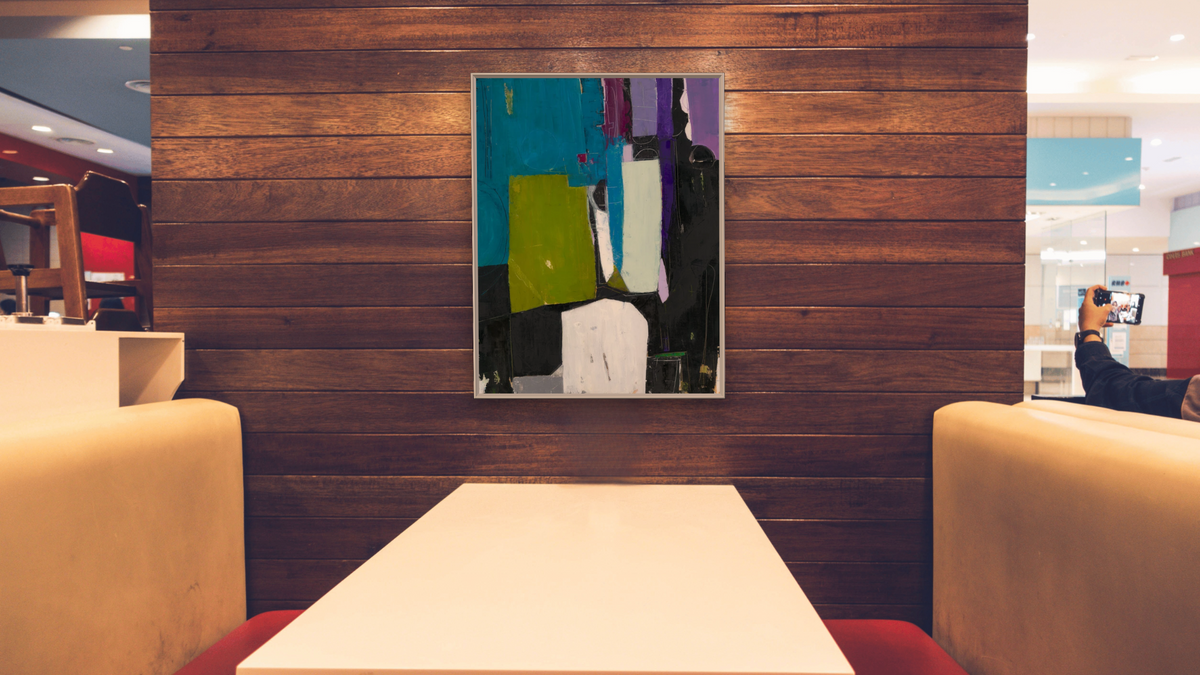 Night by Louise Gaskill, shown at 30 × 40 in (76.2 × 101.6 cm) on canvas in Ramino Opaque White, restaurant