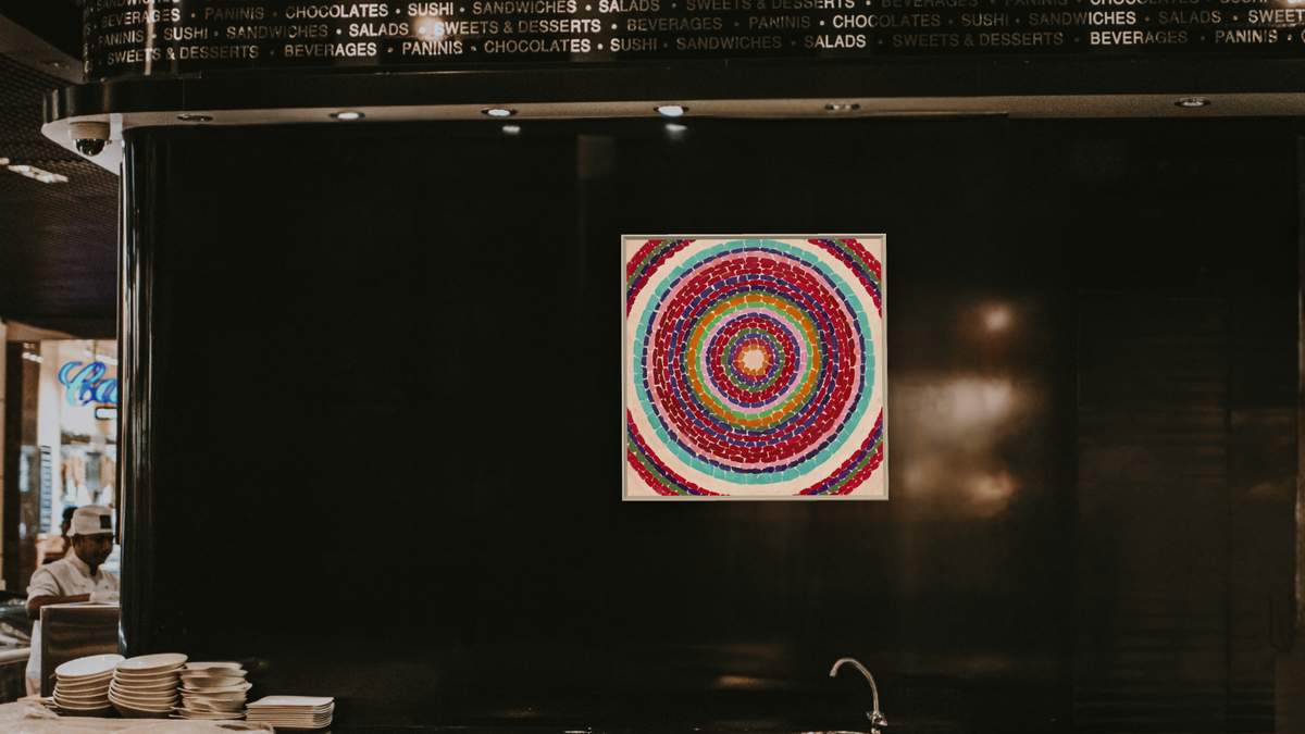 Pansies in Washington by Alma Thomas, shown at 32 × 32 in (81.3 × 81.3 cm) on canvas in Ramino Opaque White, restaurant