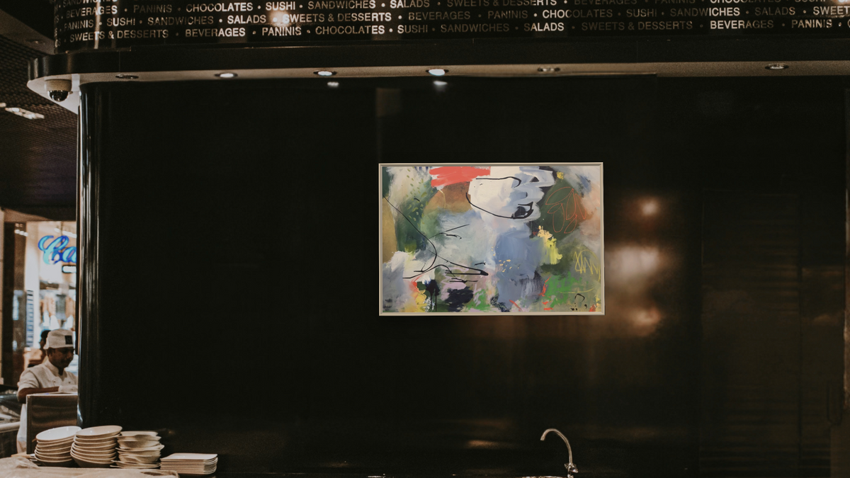 Terra by Katherine Bello, shown at 28 × 42 in (71.1 × 106.7 cm) on canvas in Ramino Opaque White, restaurant