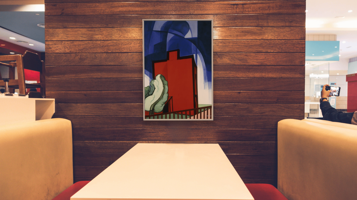 Blue Above, shown at 28 × 42 in (71.1 × 106.7 cm) on canvas in Ramino Opaque White, restaurant