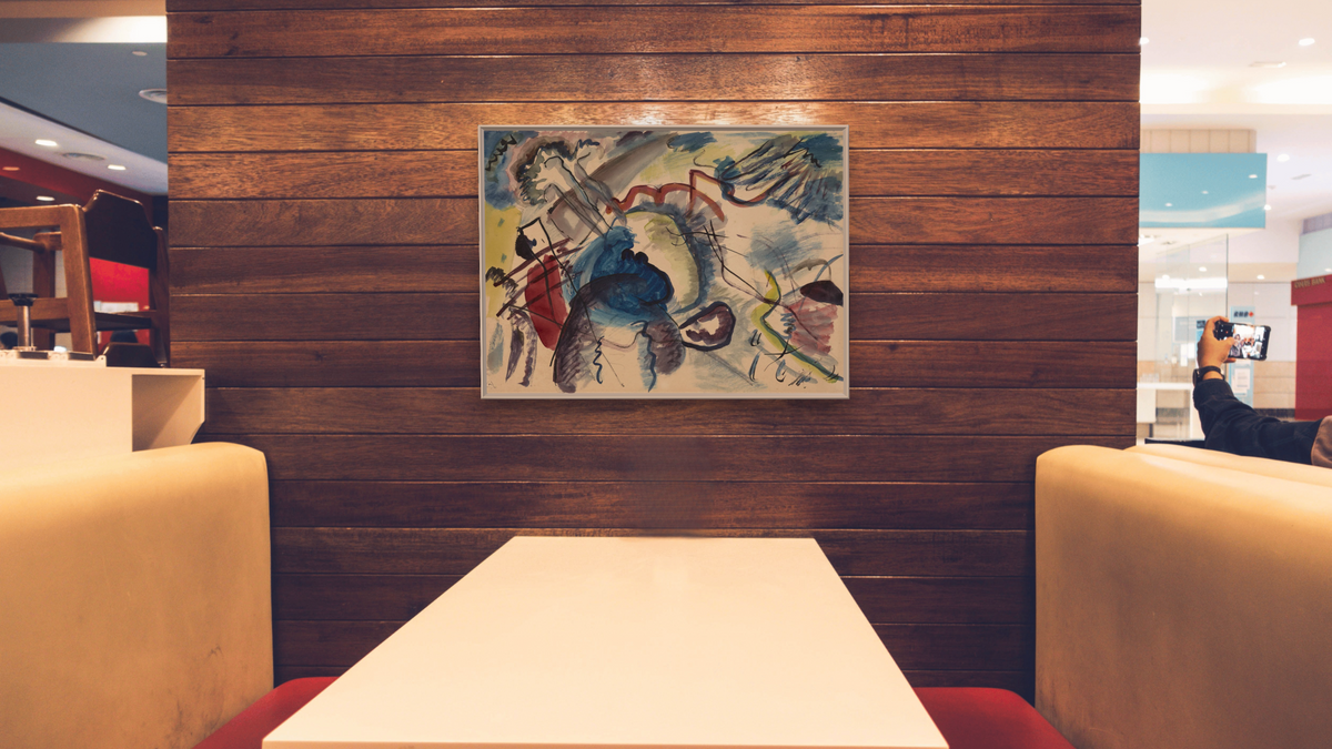 Study for 'Painting with White Border (Moscow)', shown at 30 × 40 in (76.2 × 101.6 cm) on canvas in Ramino Opaque White, restaurant