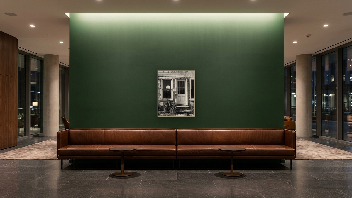 Purveyors of Kern County by Gordon Osmundson, shown at 32 × 40 in (81.3 × 101.6 cm) on canvas in Ramino Opaque White, hotel lobby
