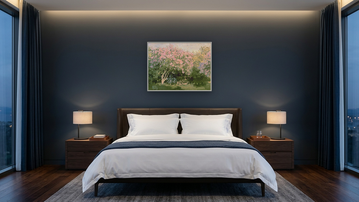 Lilac in the Sun by Claude Monet, shown at 30 × 40 in (76.2 × 101.6 cm) on canvas in Ramino Opaque White, hotel guest room