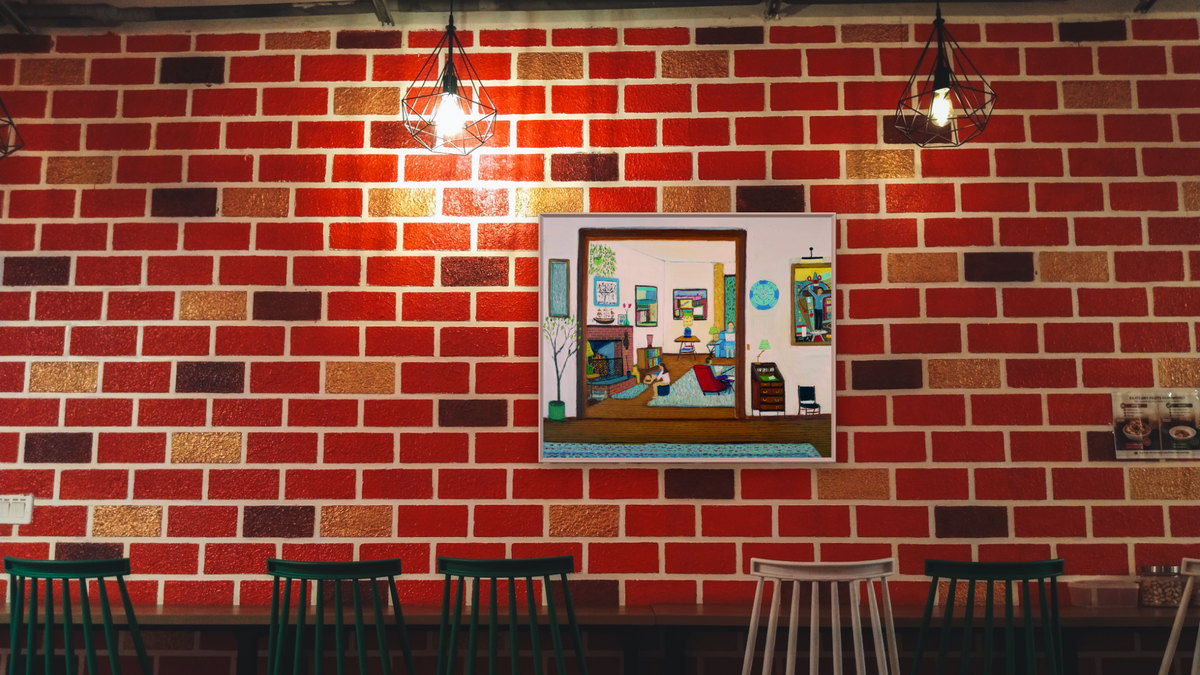 At Home: 15 Chester Street by Ralph Fasanella, shown at 32 × 40 in (81.3 × 101.6 cm) on canvas in Ramino Opaque White, restaurant