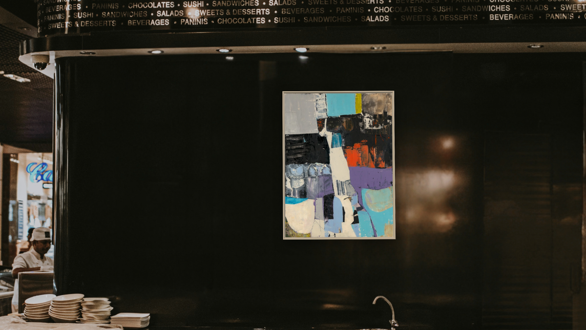 Gardens by Louise Gaskill, shown at 30 × 40 in (76.2 × 101.6 cm) on canvas in Ramino Opaque White, restaurant
