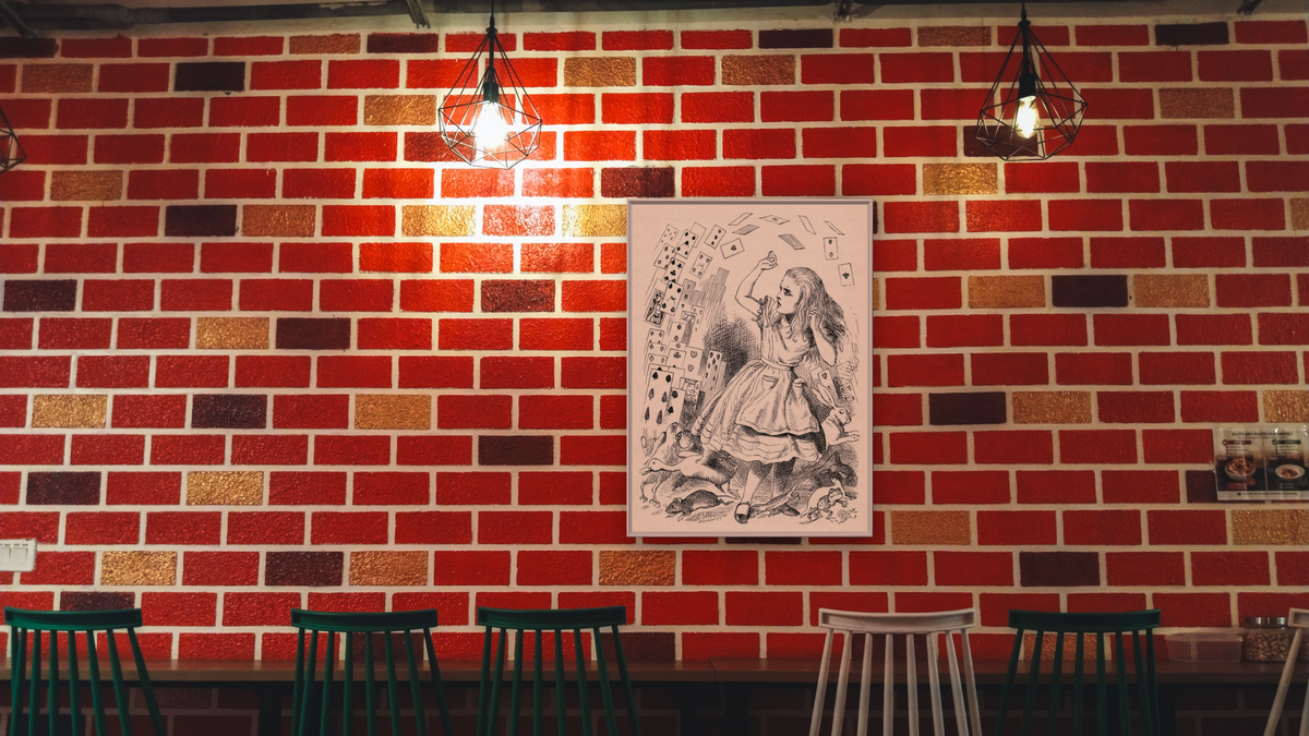 Alice and the Pack of Cards, from 'Alice's Adventures in Wonderland' by Lewis Carroll by John Tenniel, shown at 30 × 40 in (76.2 × 101.6 cm) on canvas in Ramino Opaque White, restaurant