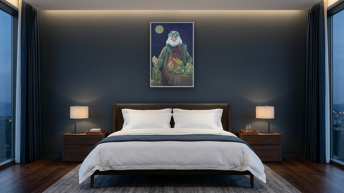Father Christmas by Kirsten Söderlind, shown at 28 × 42 in (71.1 × 106.7 cm) on canvas in Ramino Opaque White, hotel guest room