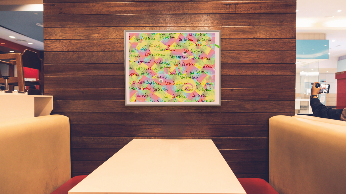 A Color of His Own by Leo Lionni, shown at 32 × 40 in (81.3 × 101.6 cm) on canvas in Ramino Opaque White, restaurant