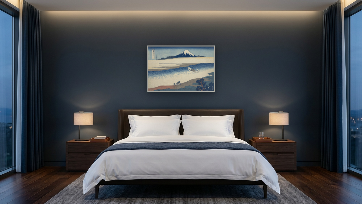 Bushu Tamagawa (The Tama River in Musashi province) by Katsushika Hokusai, shown at 28 × 42 in (71.1 × 106.7 cm) on canvas in Ramino Opaque White, hotel guest room