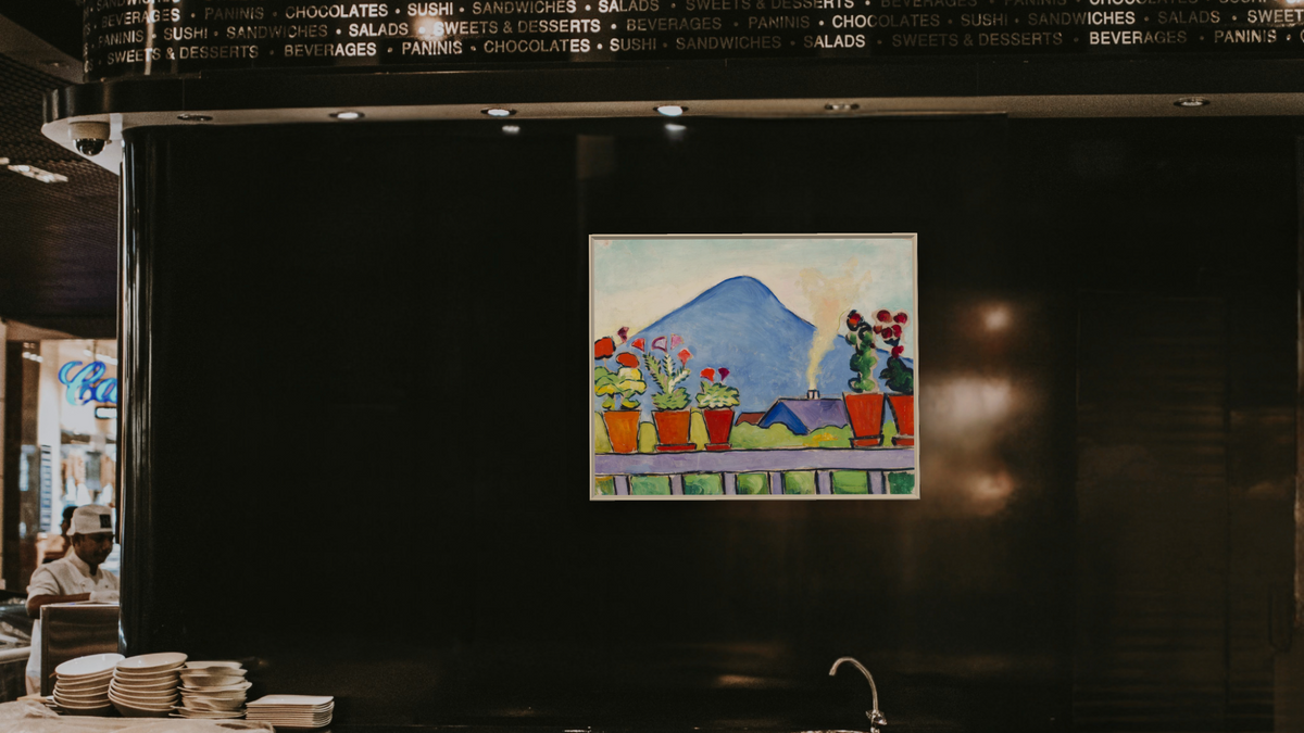 Geraniums Before Blue Mountain by August Macke, shown at 32 × 40 in (81.3 × 101.6 cm) on canvas in Ramino Opaque White, restaurant