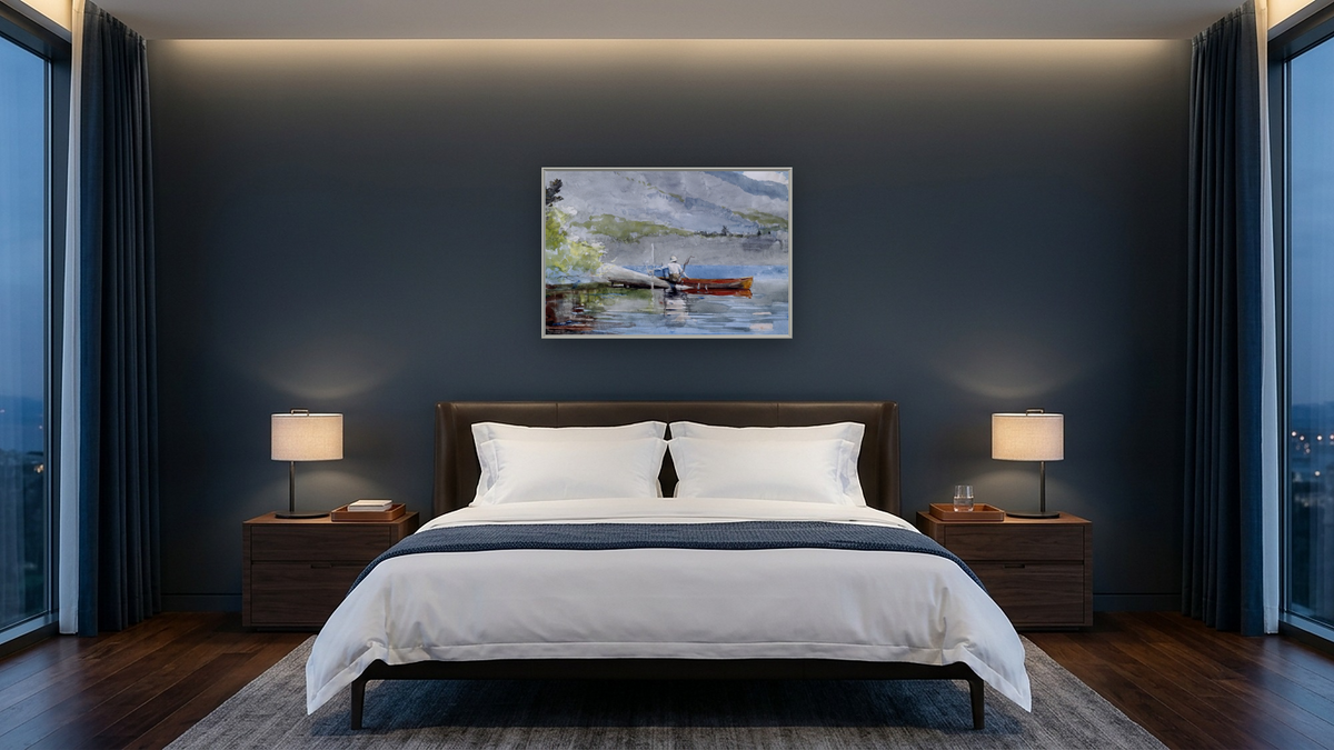 The Red Canoe by Winslow Homer, shown at 28 × 42 in (71.1 × 106.7 cm) on canvas in Ramino Opaque White, hotel guest room
