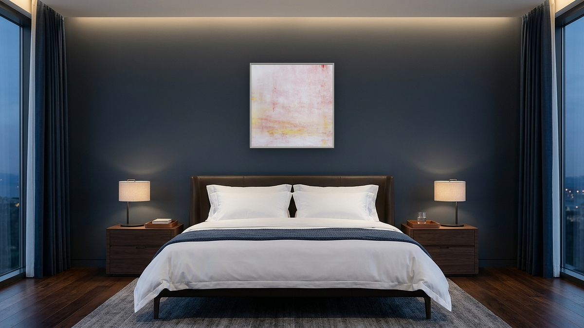 No. 223 by Michelle Oppenheimer, shown at 32 × 32 in (81.3 × 81.3 cm) on canvas in Ramino Opaque White, hotel guest room