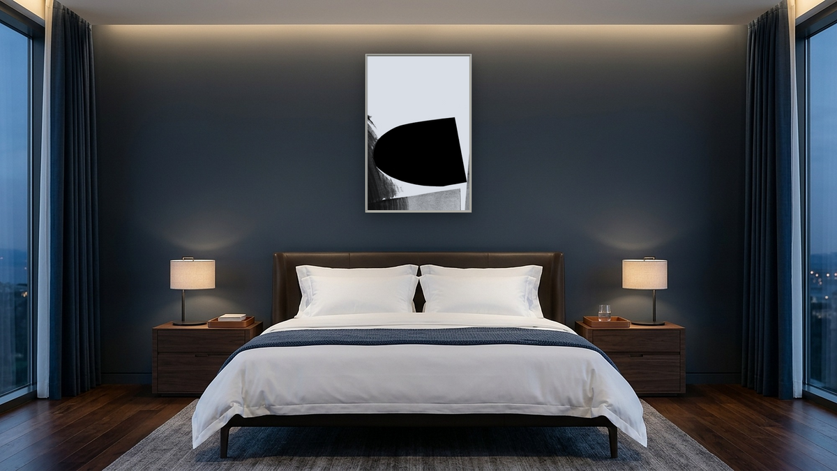 Mono Set 2 by Dan Hobday, shown at 28 × 42 in (71.1 × 106.7 cm) on canvas in Ramino Opaque White, hotel guest room