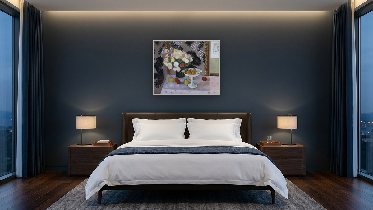 Still Life: Bouquet and Compotier (Nature morte: bouquet et compotier) by Henri Matisse, shown at 32 × 40 in (81.3 × 101.6 cm) on canvas in Ramino Opaque White, hotel guest room
