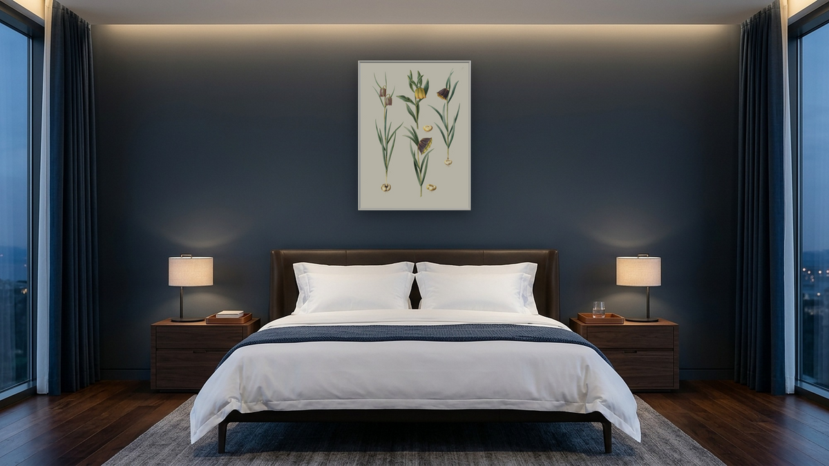 Fritillaria meleagris; Fritullaria lutea eller Fritullaria latifolia var lutea; Fritillaria pyrenaica by Johannes Simon Holtzbecher, shown at 30 × 40 in (76.2 × 101.6 cm) on canvas in Ramino Opaque White, hotel guest room
