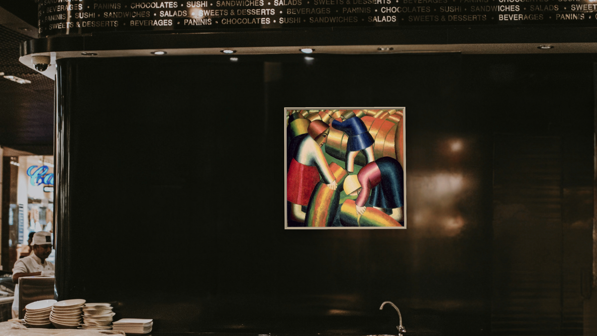 Taking in the Rye by Kazimir Malevich, shown at 32 × 32 in (81.3 × 81.3 cm) on canvas in Ramino Opaque White, restaurant