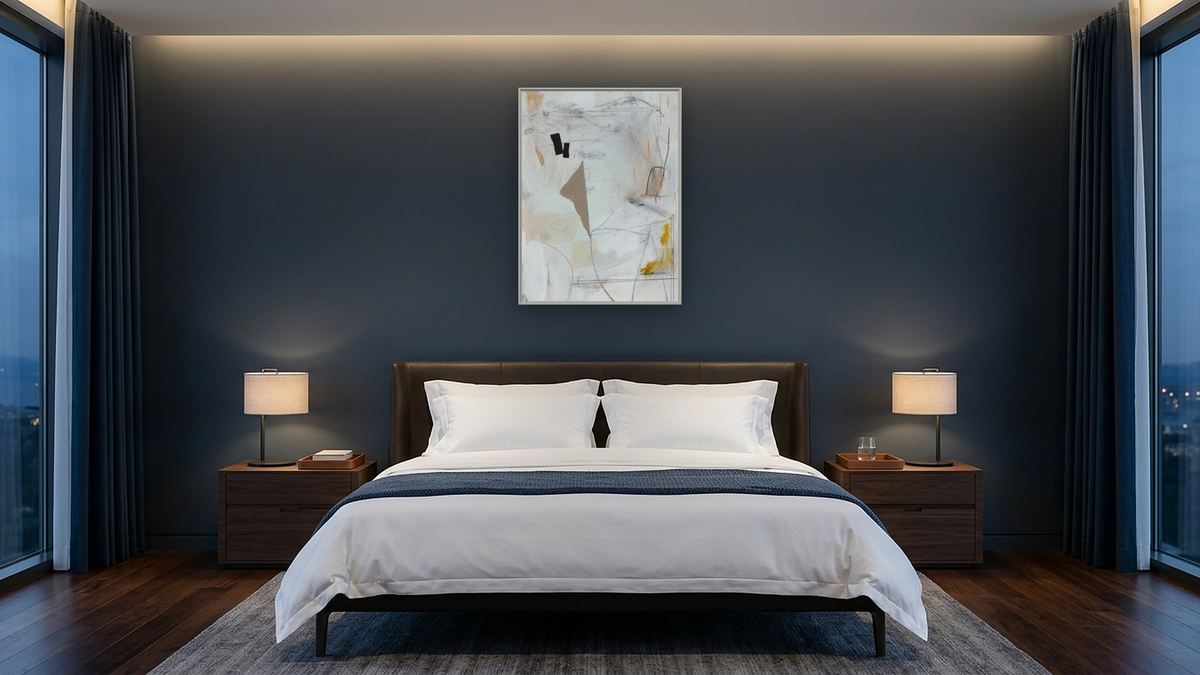Abstract Layers by Dan Hobday, shown at 30 × 40 in (76.2 × 101.6 cm) on canvas in Ramino Opaque White, hotel guest room