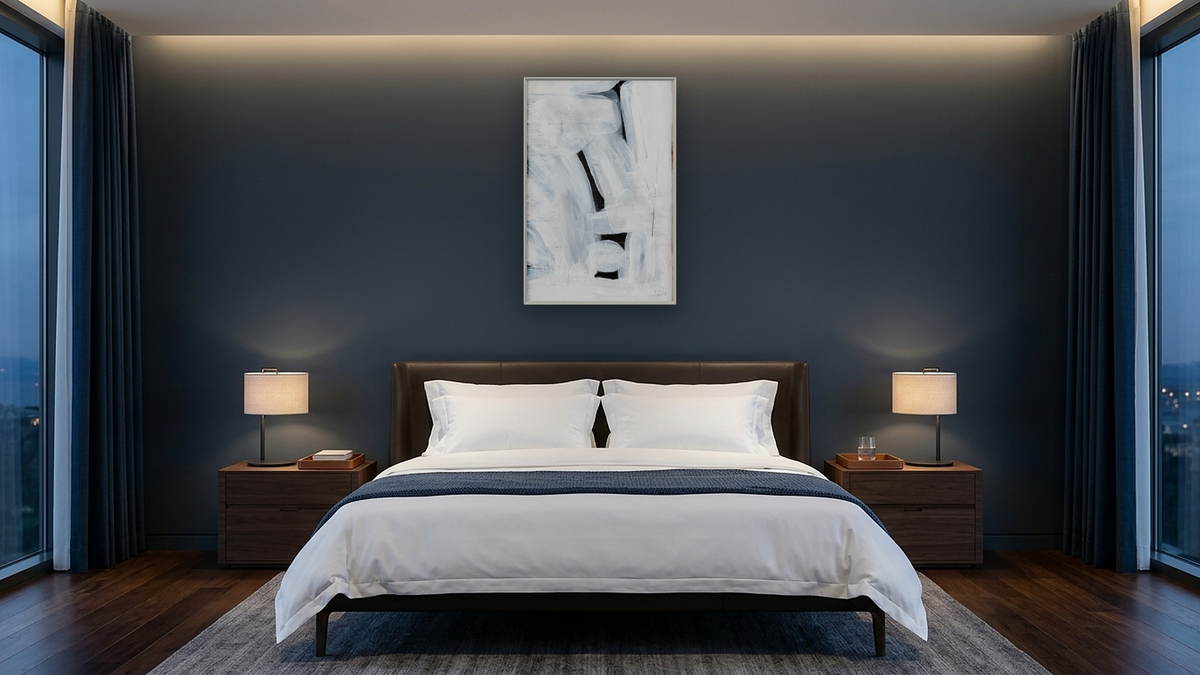 Beyond 1 by Dan Hobday, shown at 28 × 42 in (71.1 × 106.7 cm) on canvas in Ramino Opaque White, hotel guest room