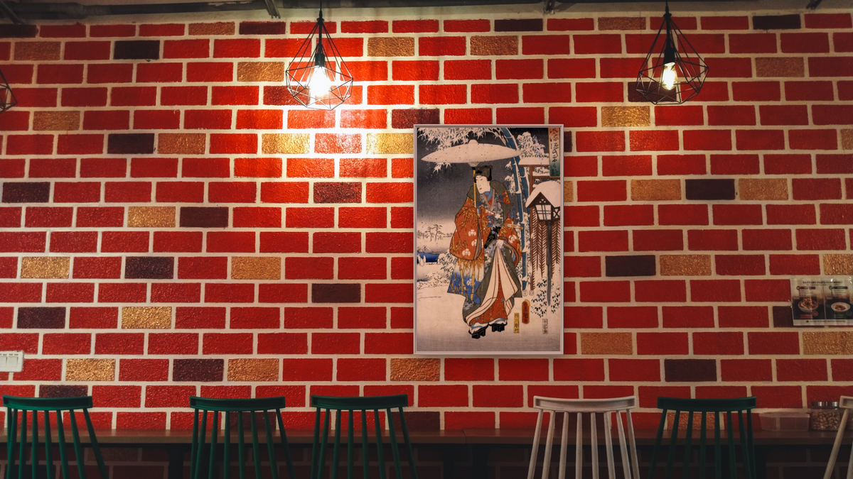 A modern version of the Tale of Genji in snow scenes by Toyokuni Utagawa, shown at 28 × 42 in (71.1 × 106.7 cm) on canvas in Ramino Opaque White, restaurant
