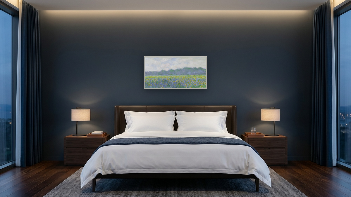 Field of Yellow Irises at Giverny by Claude Monet, shown at 20 × 40 in (50.8 × 101.6 cm) on canvas in Ramino Opaque White, hotel guest room