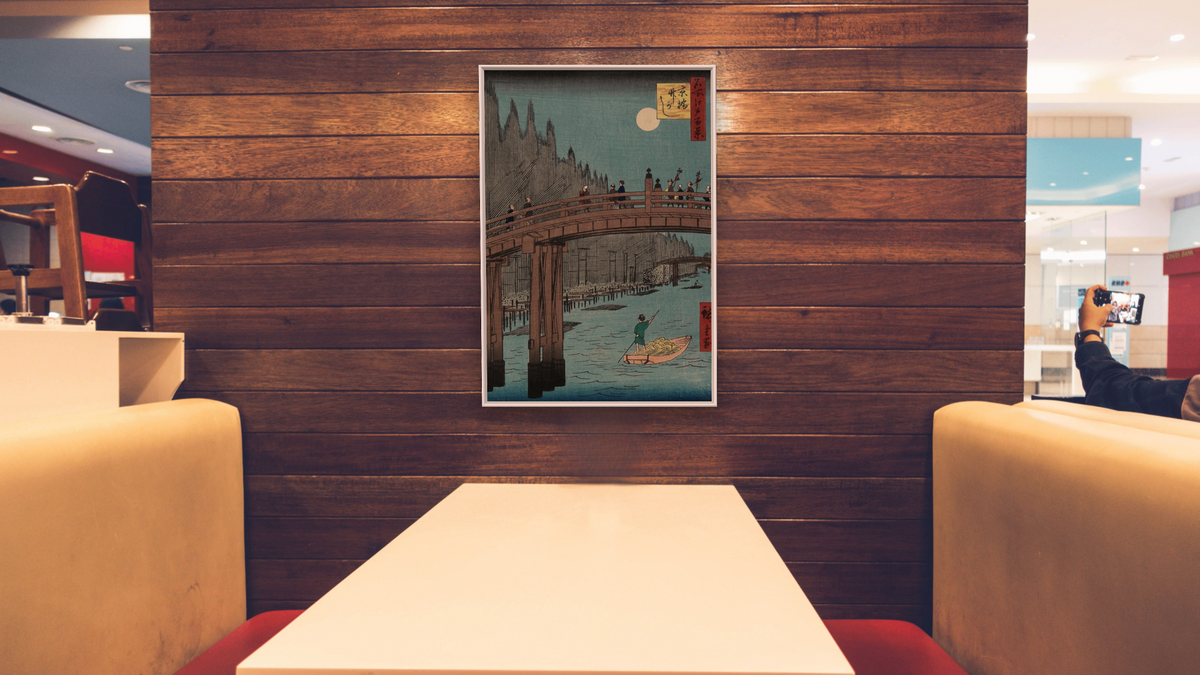 Bamboo Yards, Kyobashi Bridge by Utagawa Hiroshige, shown at 28 × 42 in (71.1 × 106.7 cm) on canvas in Ramino Opaque White, restaurant