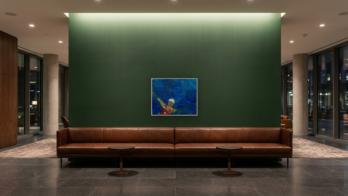 Pause by Dobee Snowber, shown at 32 × 40 in (81.3 × 101.6 cm) on canvas in Ramino Opaque White, hotel lobby