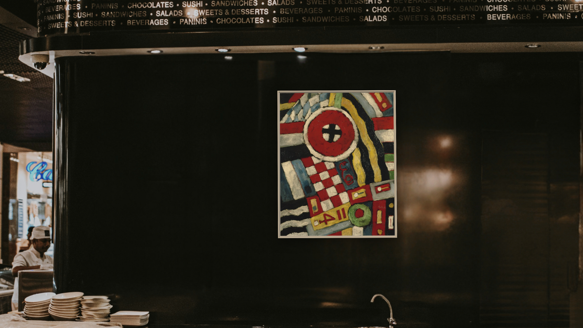 Berlin Abstraction by Marsden Hartley, shown at 32 × 40 in (81.3 × 101.6 cm) on canvas in Ramino Opaque White, restaurant
