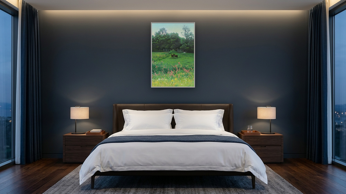 Horses in Field by Kirsten Söderlind, shown at 28 × 42 in (71.1 × 106.7 cm) on canvas in Ramino Opaque White, hotel guest room