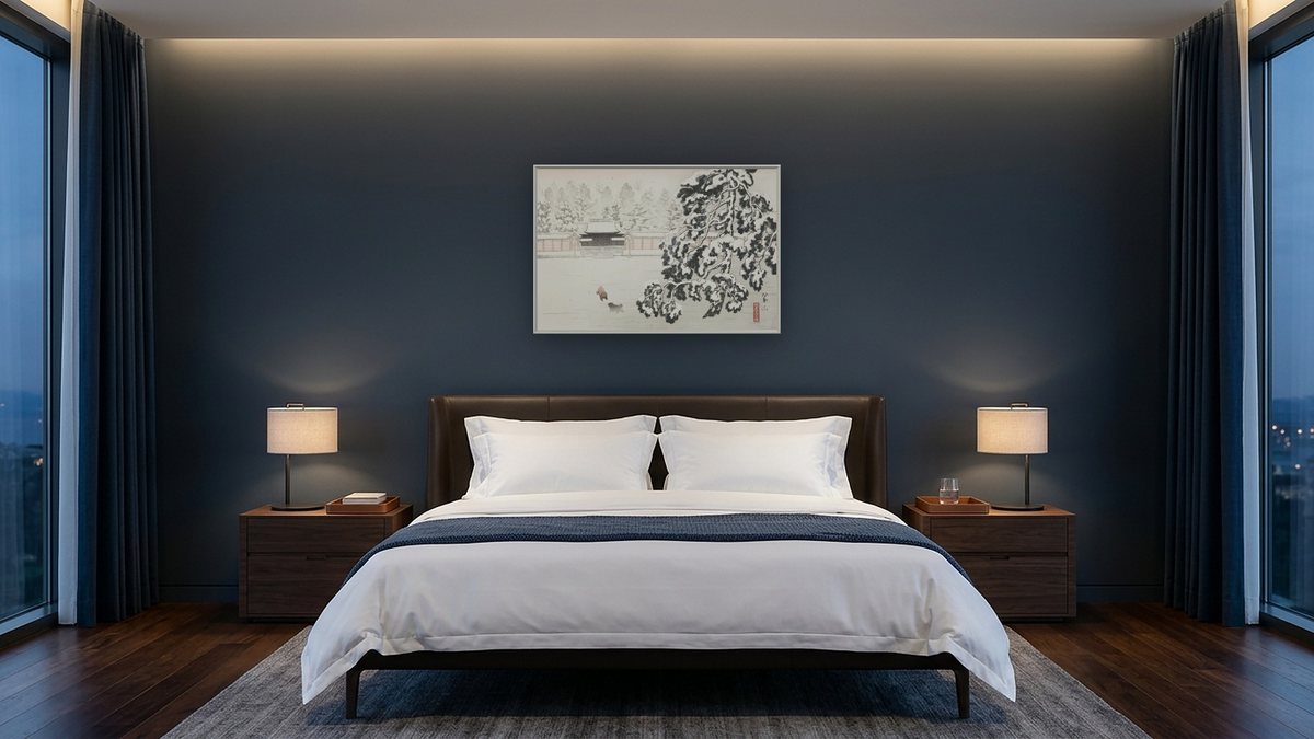 Imperial Garden, Kyoto, Early Morning (Gyo-en Nai Yuki no Akatsuki) by Miki Suizan, shown at 28 × 42 in (71.1 × 106.7 cm) on canvas in Ramino Opaque White, hotel guest room