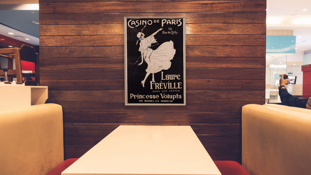 Casino de Paris Laure Freville Poster, shown at 28 × 42 in (71.1 × 106.7 cm) on canvas in Ramino Opaque White, restaurant