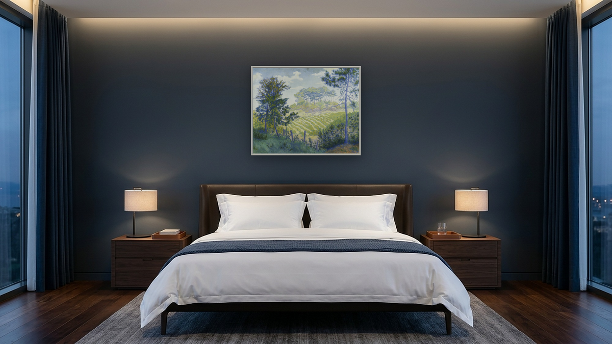 Vineyards Under the Pines by Paul Elie Ranson, shown at 32 × 40 in (81.3 × 101.6 cm) on canvas in Ramino Opaque White, hotel guest room
