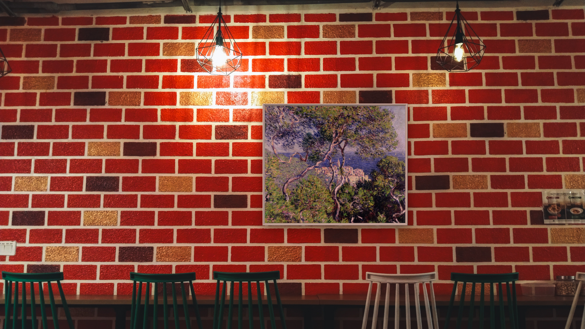 Bordighera by Claude Monet, shown at 32 × 40 in (81.3 × 101.6 cm) on canvas in Ramino Opaque White, restaurant