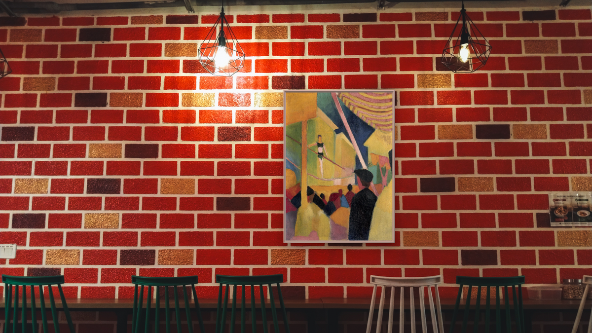Tightrope Walker by August Macke, shown at 30 × 40 in (76.2 × 101.6 cm) on canvas in Ramino Opaque White, restaurant