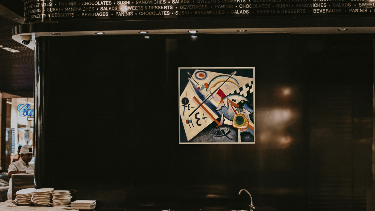 White Cross, shown at 32 × 32 in (81.3 × 81.3 cm) on canvas in Ramino Opaque White, restaurant