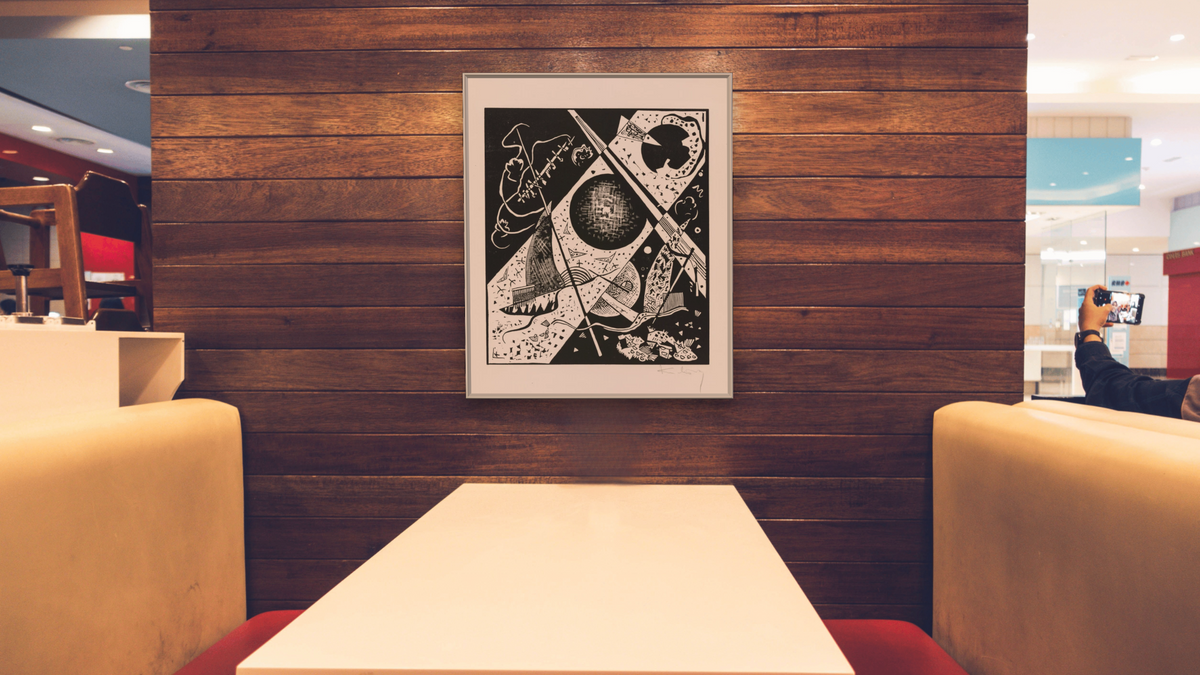 Kleine Welten VI (Small Worlds VI), from the portfolio Kleinen Welten (Small Worlds) by Wassily Kandinsky, shown at 32 × 40 in (81.3 × 101.6 cm) on canvas in Ramino Opaque White, restaurant